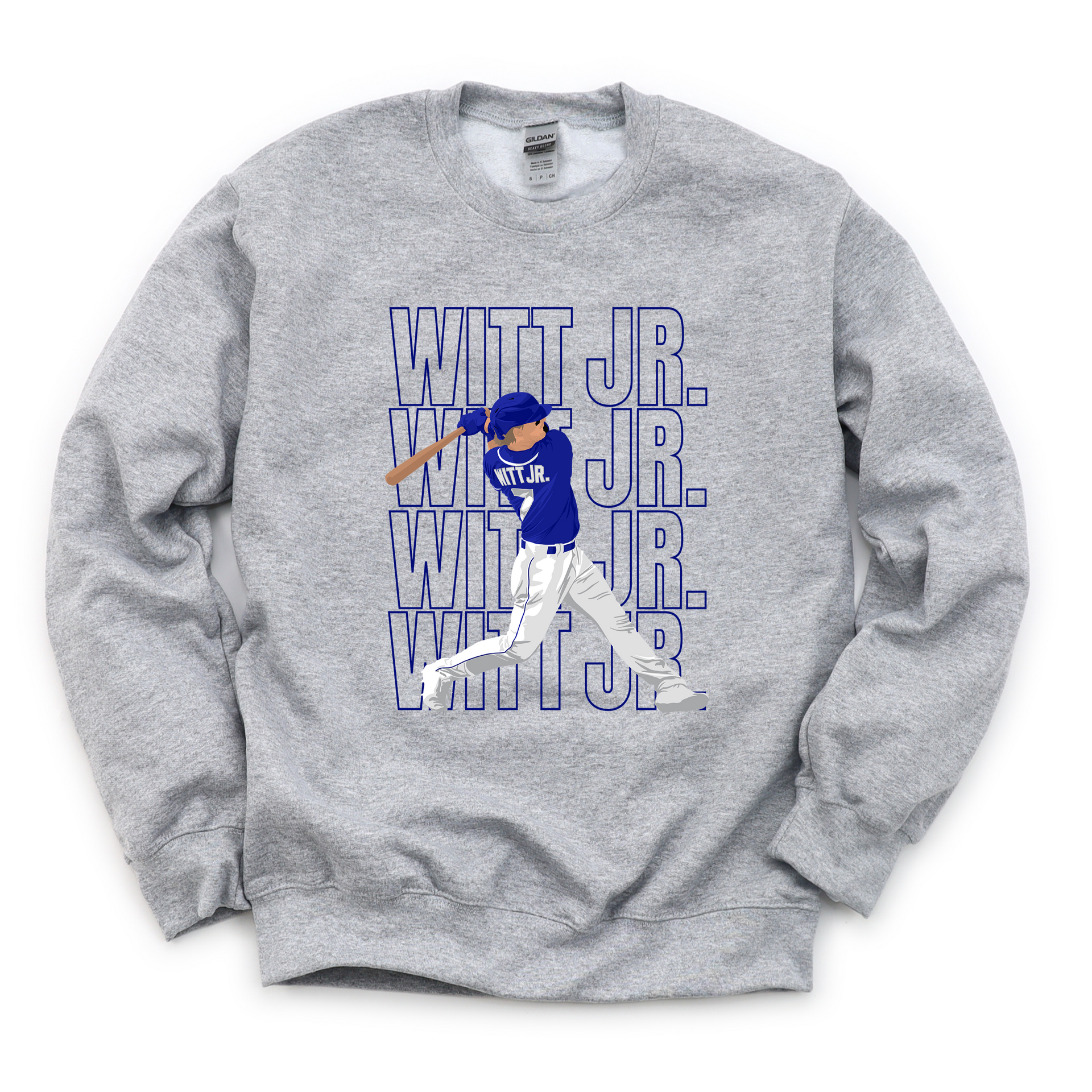A person wearing a grey athletic heather t-shirt featuring a repetitive blue and white graphic design of a baseball player at bat with the text Witt Jr.