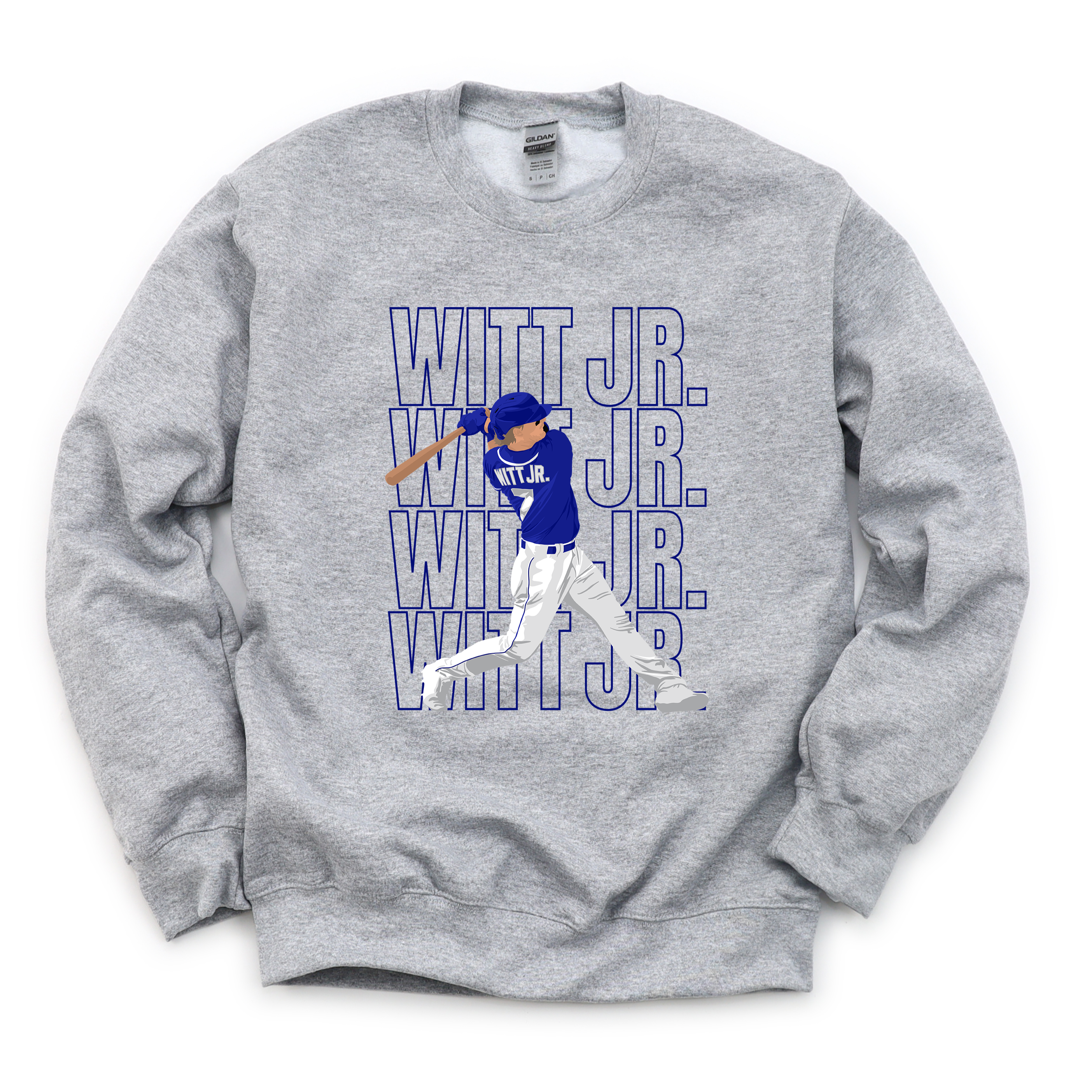 A person wearing a grey athletic heather t-shirt featuring a repetitive blue and white graphic design of a baseball player at bat with the text Witt Jr.