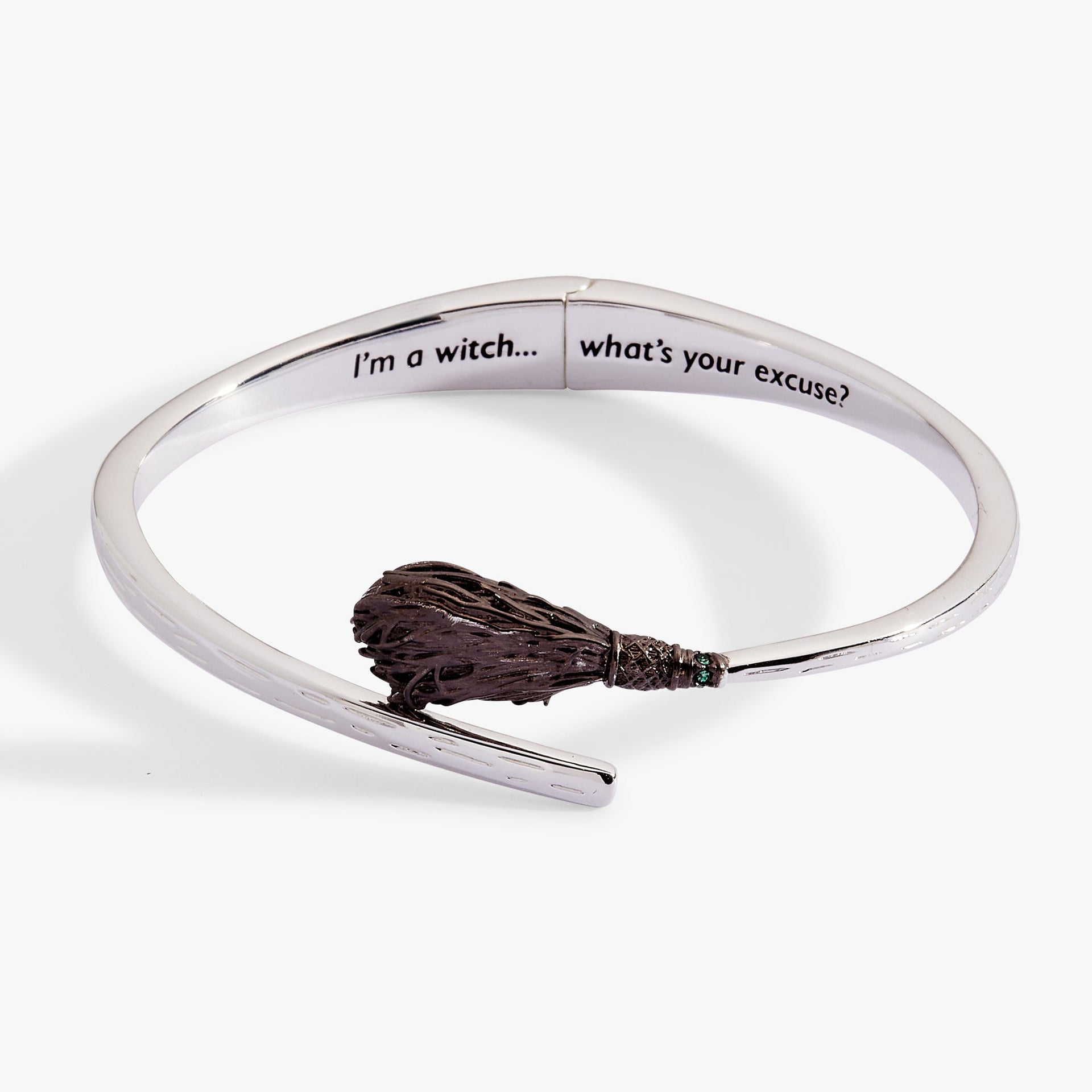 Wizard of Oz Wicked Witch broom bypass cuff bracelet in silver and hematite finish