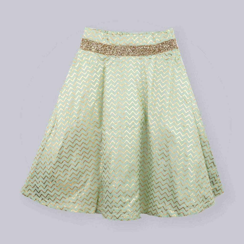 Girls Zig-Zag Printed Ghagra Choli with Gold Lame Frill Details