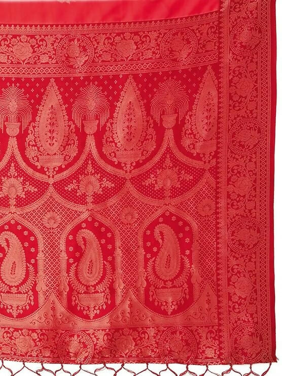 Off White Satin Silk Saree with Floral Print and Red Blouse