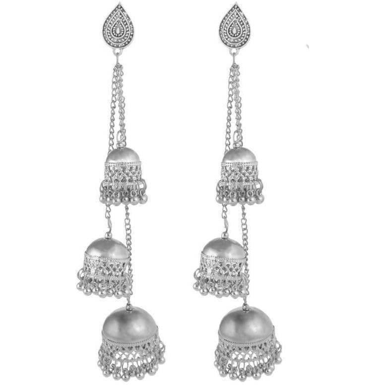 Traditional silver oxidized earrings with a triple jhumka hanging design