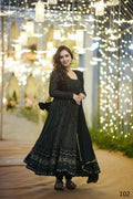Black faux georgette Anarkali dress with gold zari and sequence embroidery and matching dupatta
