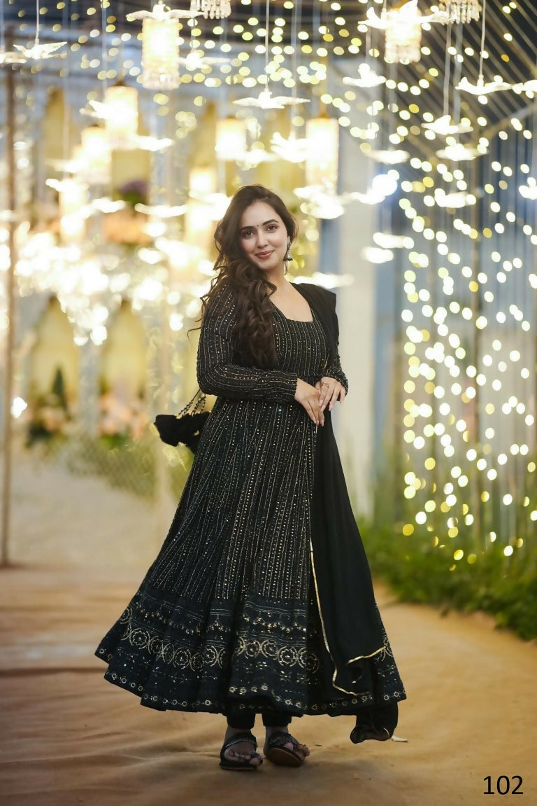 Black faux georgette Anarkali dress with gold zari and sequence embroidery and matching dupatta