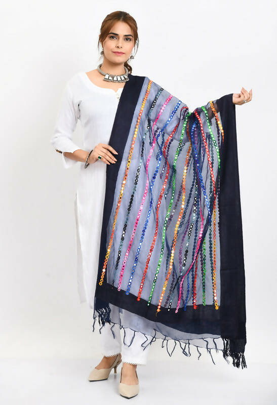 Navy blue organza dupatta featuring detailed multi-thread embroidery and mirror accents.