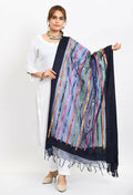 Navy blue organza dupatta featuring detailed multi-thread embroidery and mirror accents.