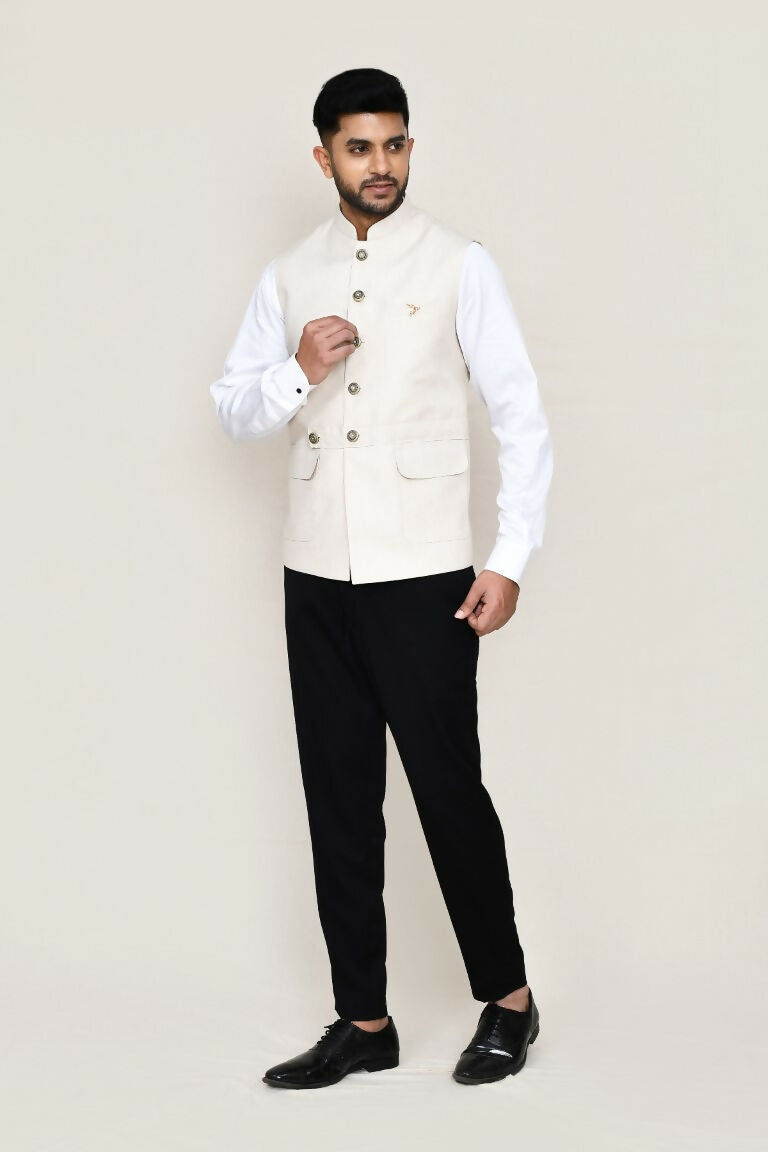 Men's Cream Cotton Satin Festive Jacket - Elegant Ethnic Layer