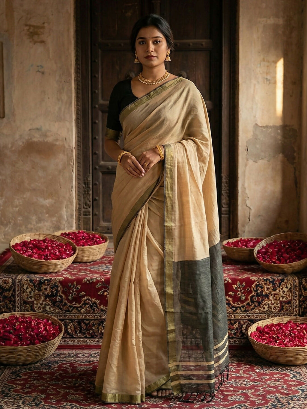 Beige cotton saree with a contrast black blouse piece