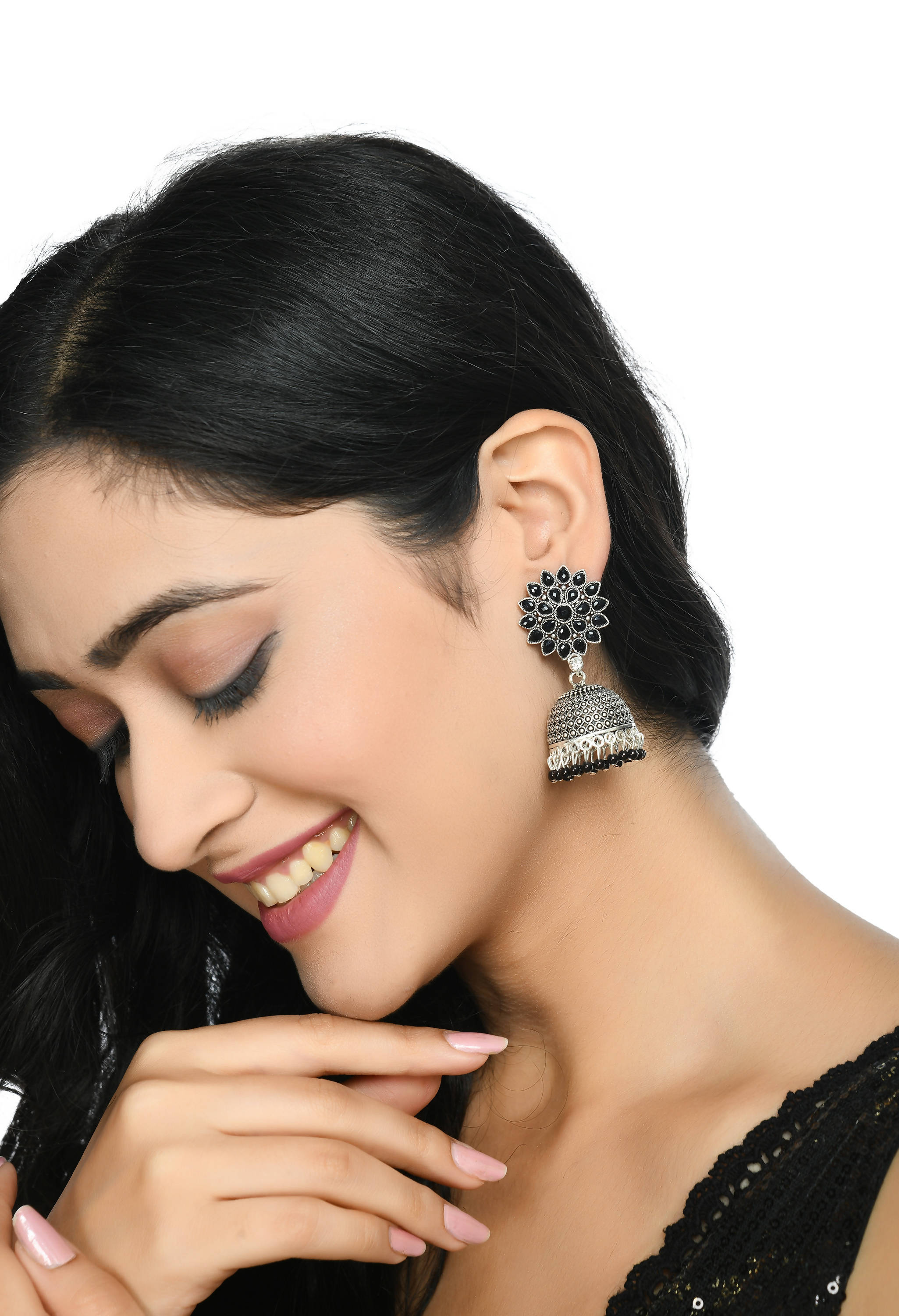 Johar Kamal Kundan Jhumka Earrings with Black Beads for Girls