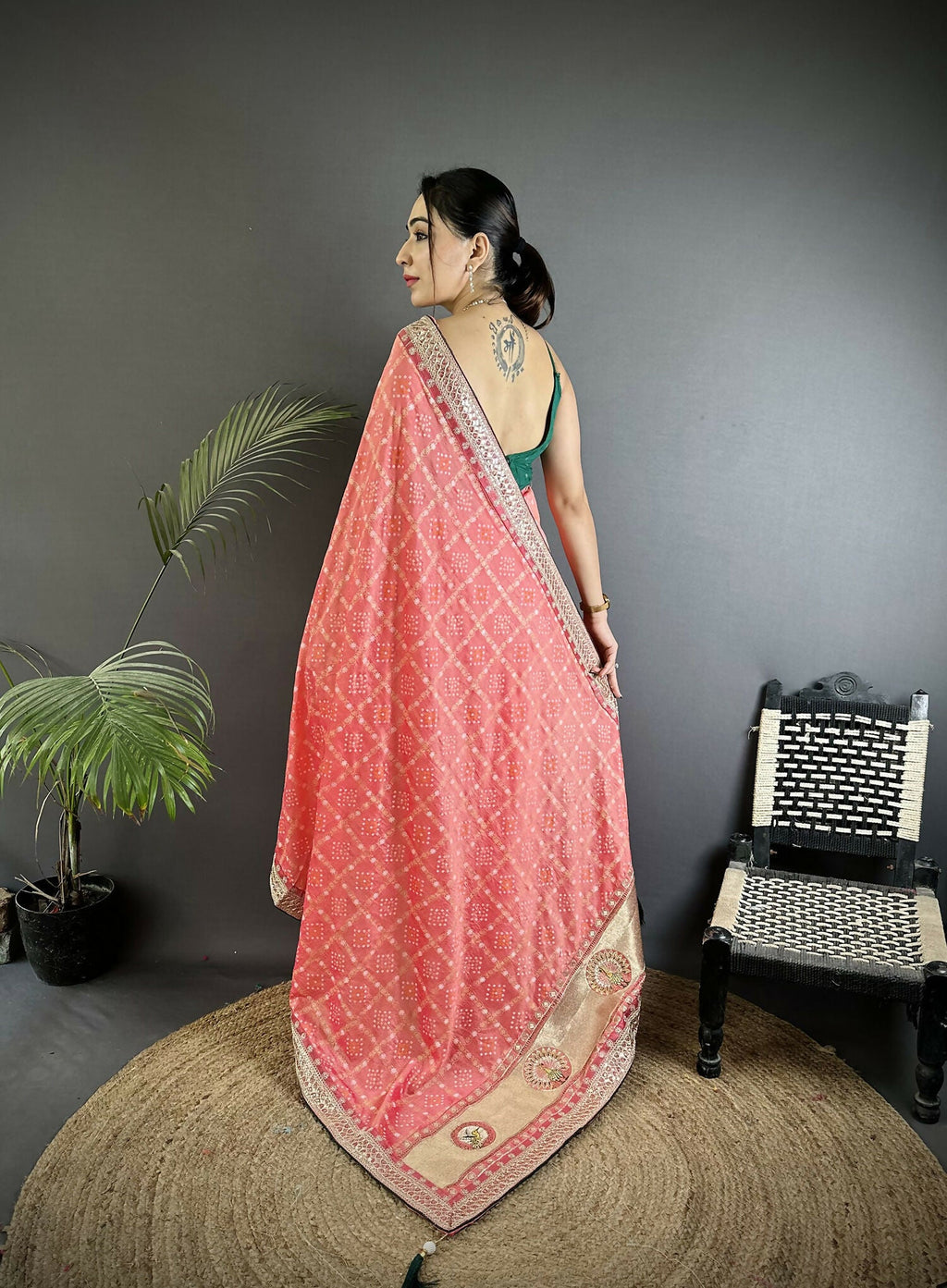 Baby Pink Bandhej Bandhani Vichitra Silk Saree for Little Ones
