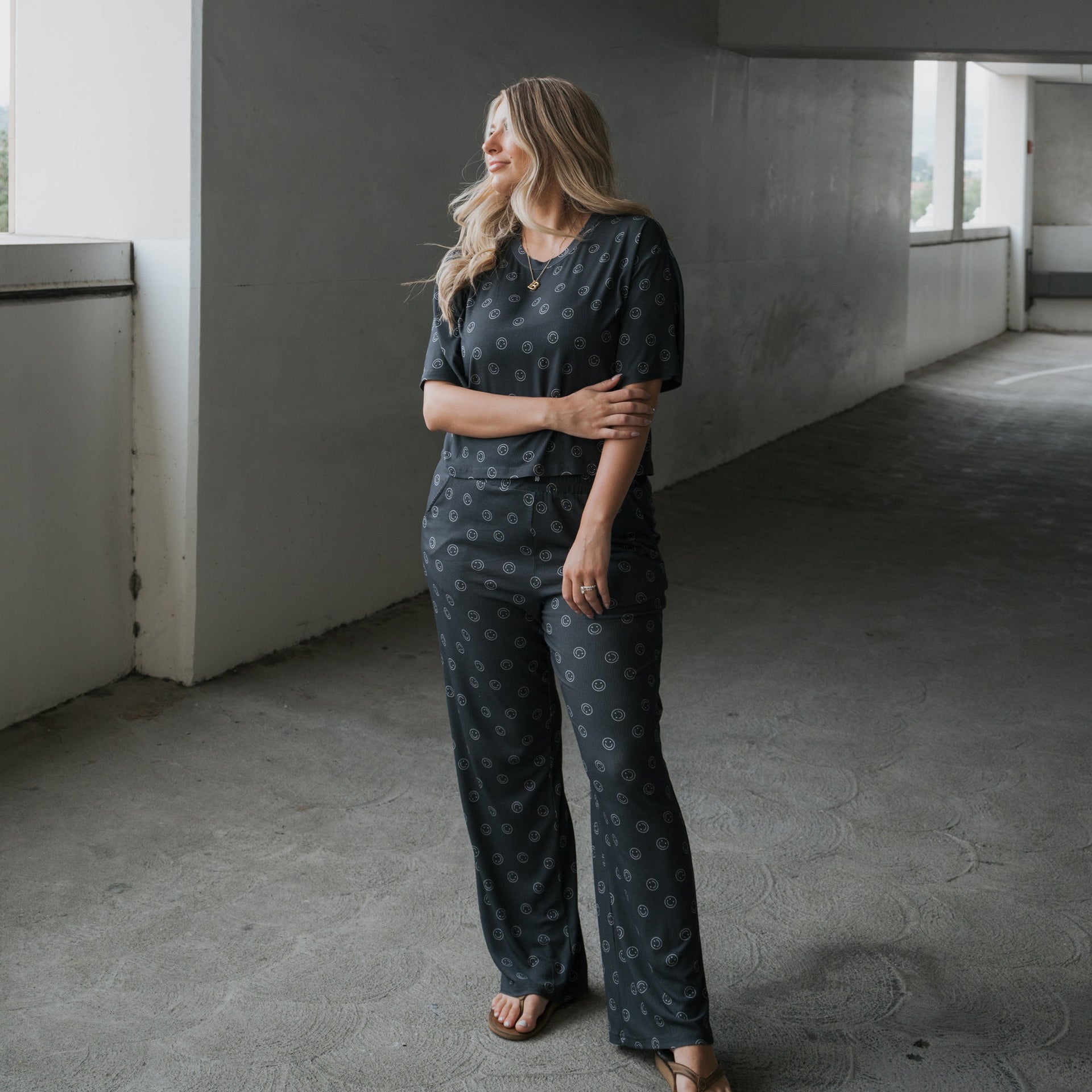Women's Boxy Tee and Wide Leg Lounge Set in Black and White