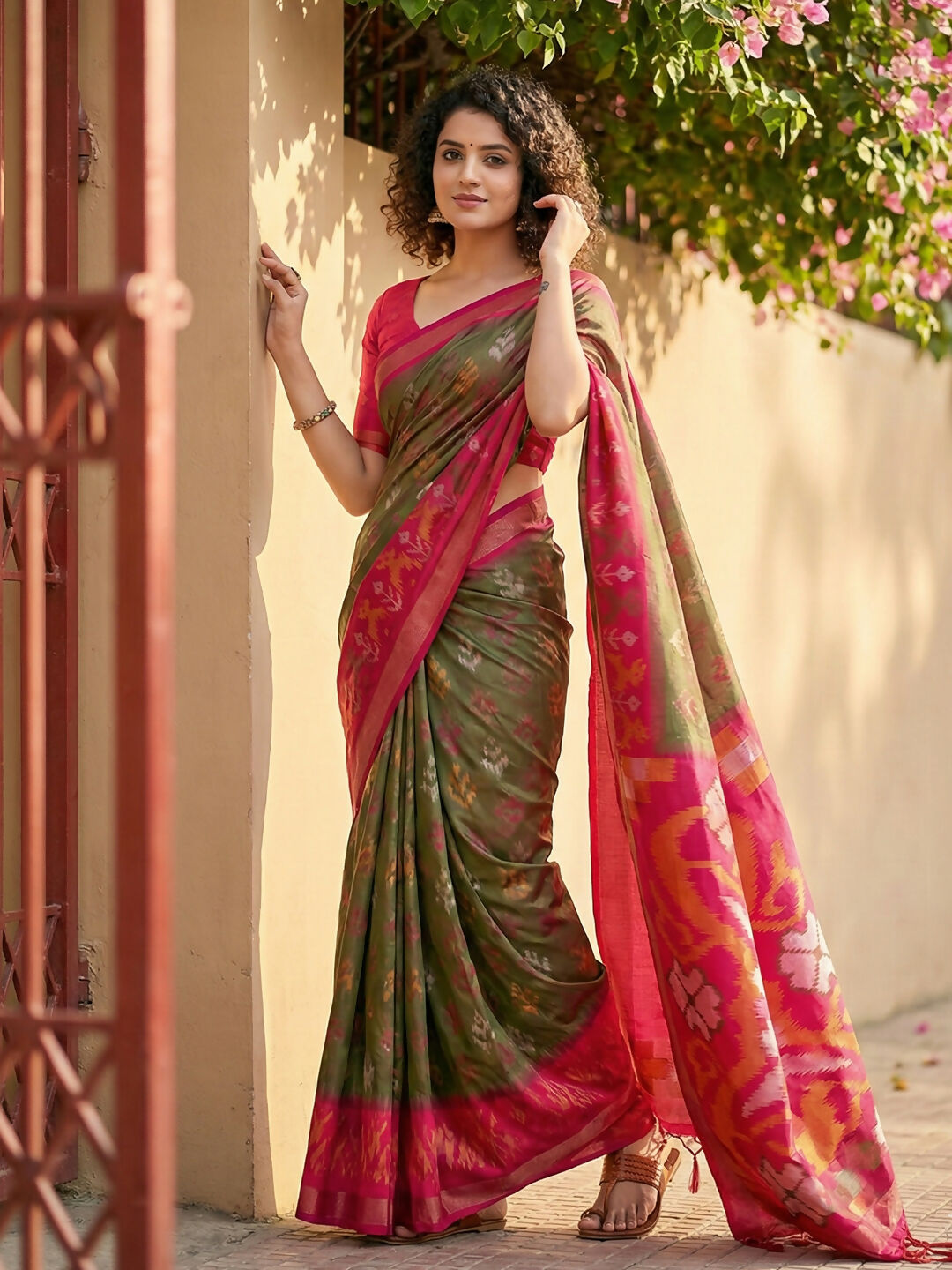 Olive green Pochampally silk saree with traditional geometric patterns