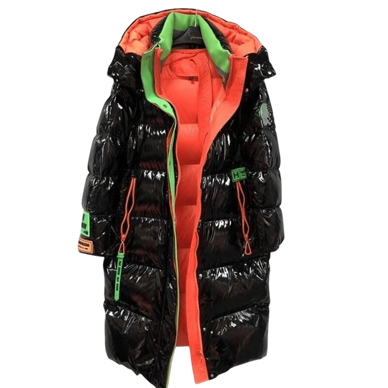 Women's Harajuku Style Black Puffer Parka with Neon Orange Lining and Neon Green Accents