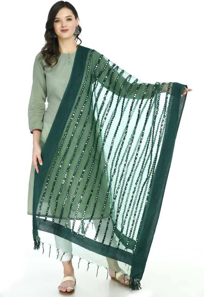 Bottle Green Organza dupatta with mirror stripe details for festive occasions