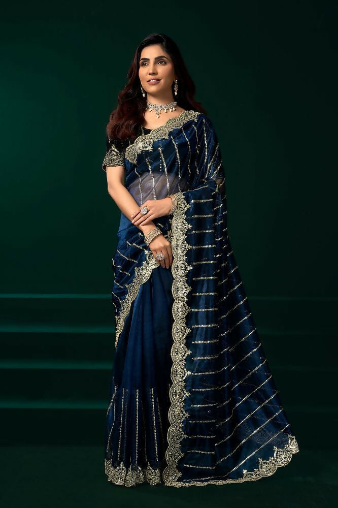 Navy blue net saree with black velvet blouse for party wear