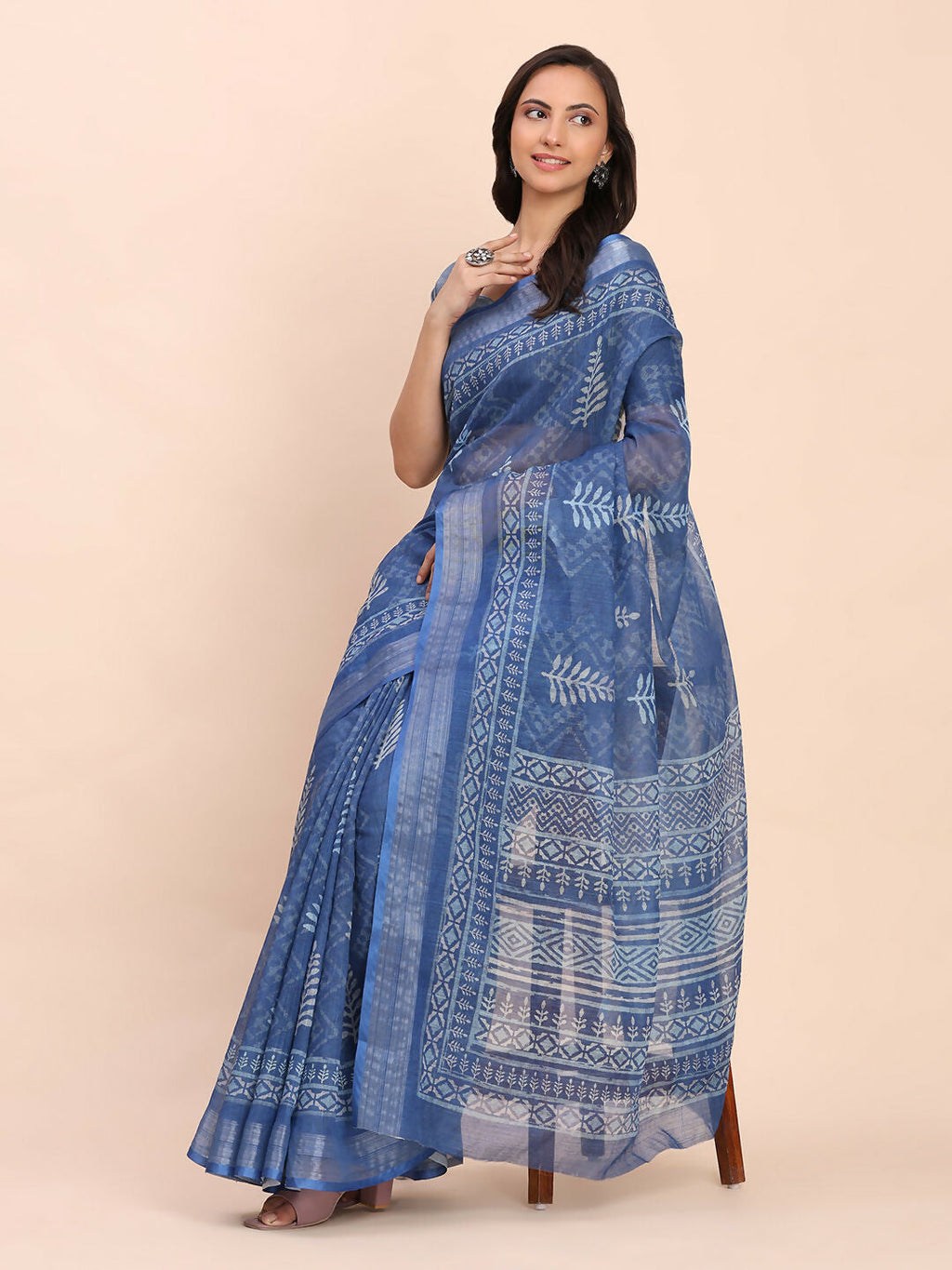 Elegant Indigo Blue Linen Cotton Saree with Matching Blouse