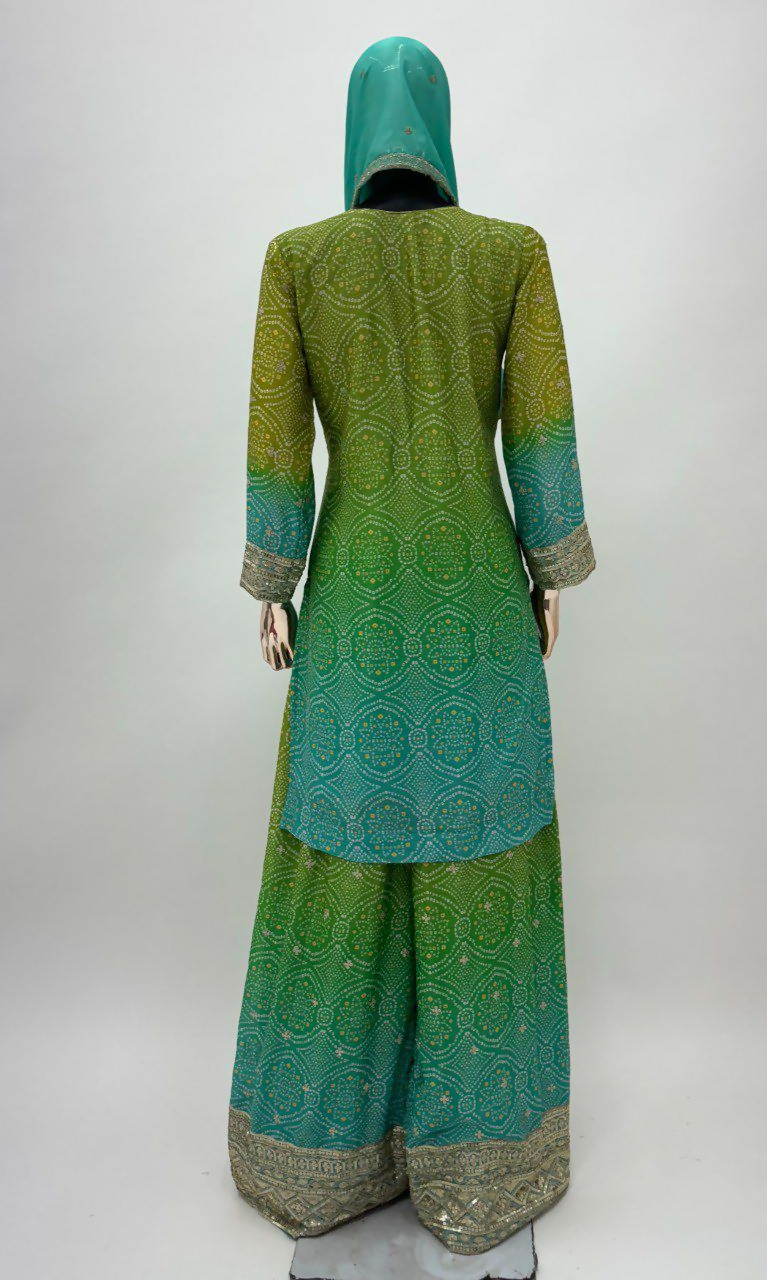 Green and Teal Chinon Embroidered Salwar Kameez - Stitched Suit