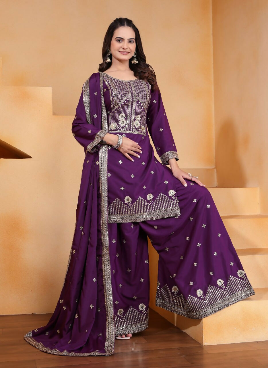 Wine Crepe Embroidered Sharara Set for Formal Ethnic Style