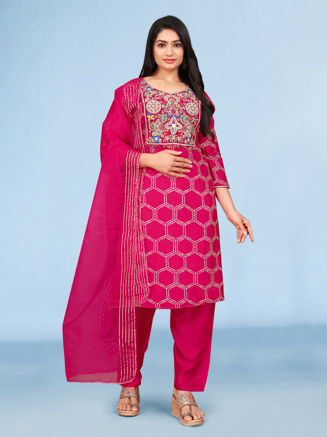Rani color pure viscose dola kurta set with handwork and organza dupatta