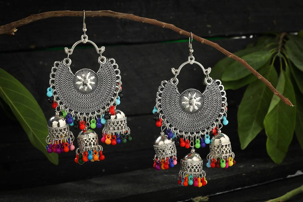 Oxidised silver geometric bohemian earrings with multicolour accents for women