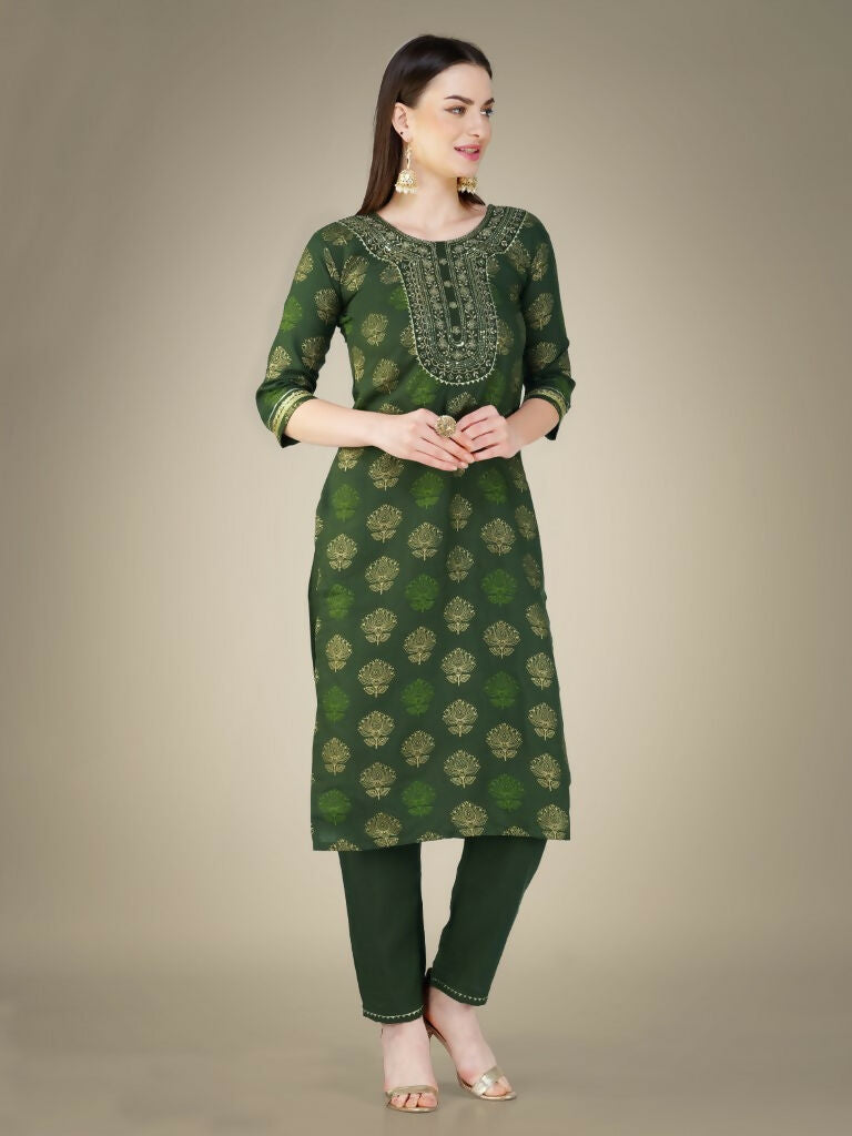 Jyoti Fashion Women's Dark Green Cotton Magic Slub Embroidery & Sequence work Kurta with Trouser & Dupatta