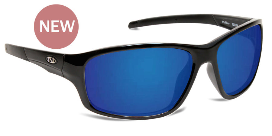 Wolfbay sport sunglasses featuring black frames and vibrant blue mirror lenses