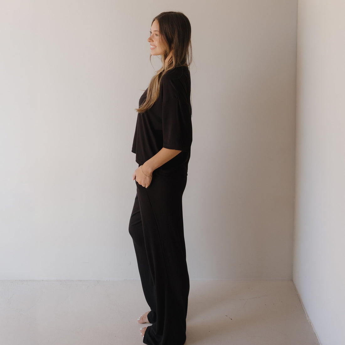 Women's Ribbed Black Boxy Tee Lounge Set