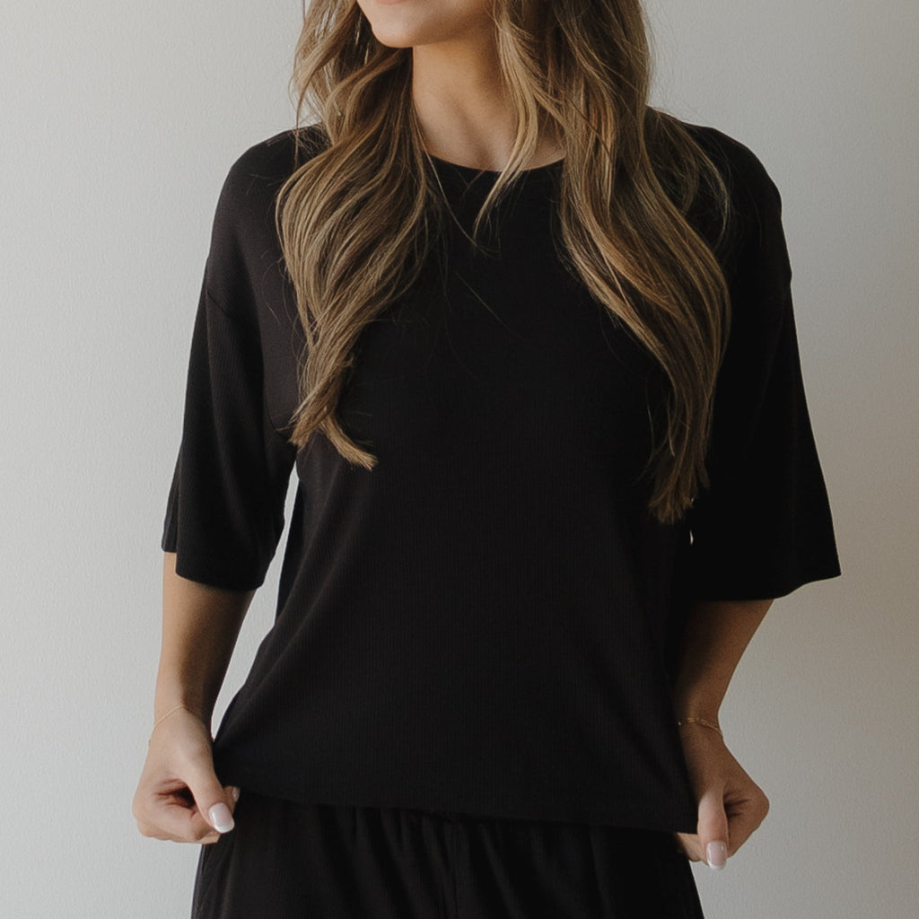 Women's Ribbed Black Boxy Tee Lounge Set