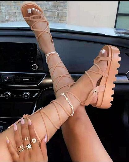 Women's Platform Lace-Up Ankle Wrap Sandals Casual Walking Shoes