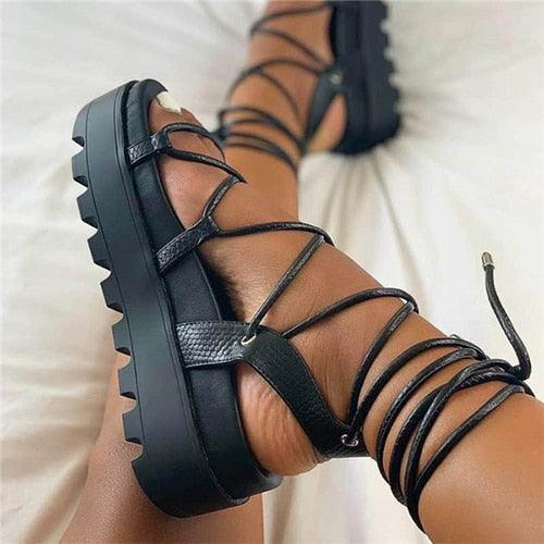 Women's Platform Lace-Up Ankle Wrap Sandals Casual Walking Shoes