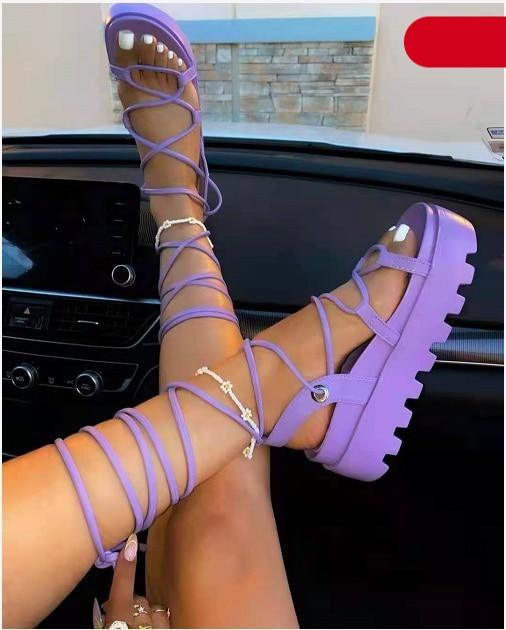 Women's Platform Lace-Up Ankle Wrap Sandals Casual Walking Shoes