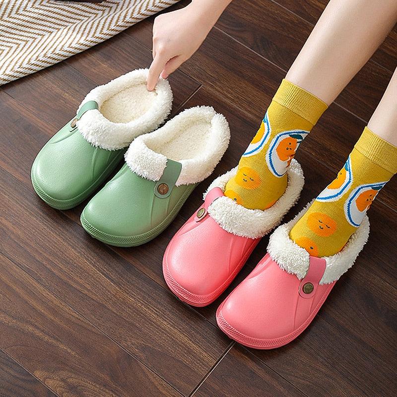 Unisex Waterproof Plush Lined Clogs - Warm Indoor Winter Slippers
