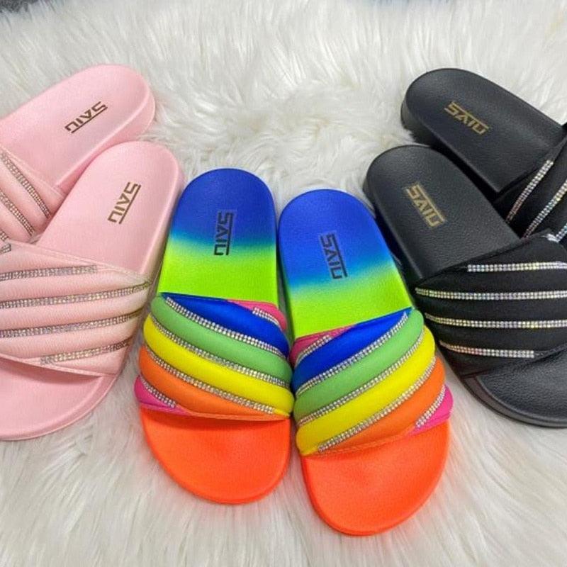 Women's Rhinestone Slide Sandals Casual Summer Beach Flip Flops
