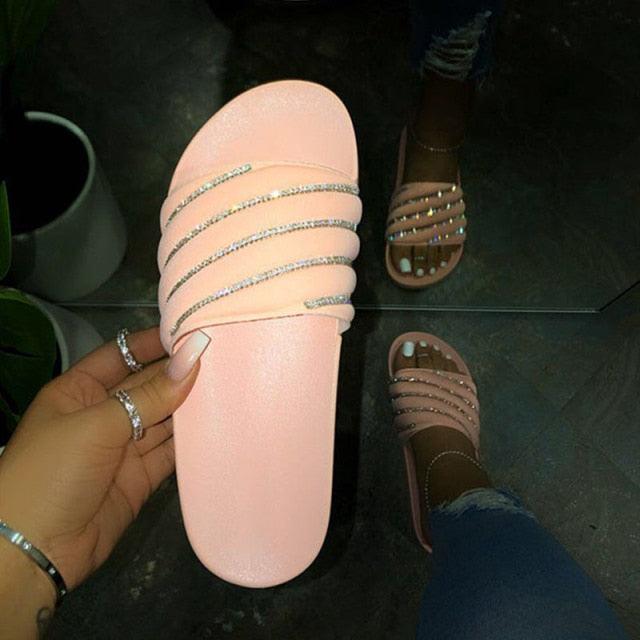 Women's Rhinestone Slide Sandals Casual Summer Beach Flip Flops