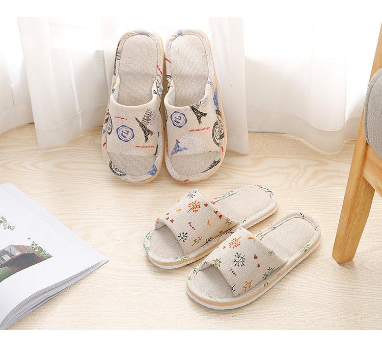 Women’s Floral Linen Indoor Slippers – Breathable Memory Foam Slides
