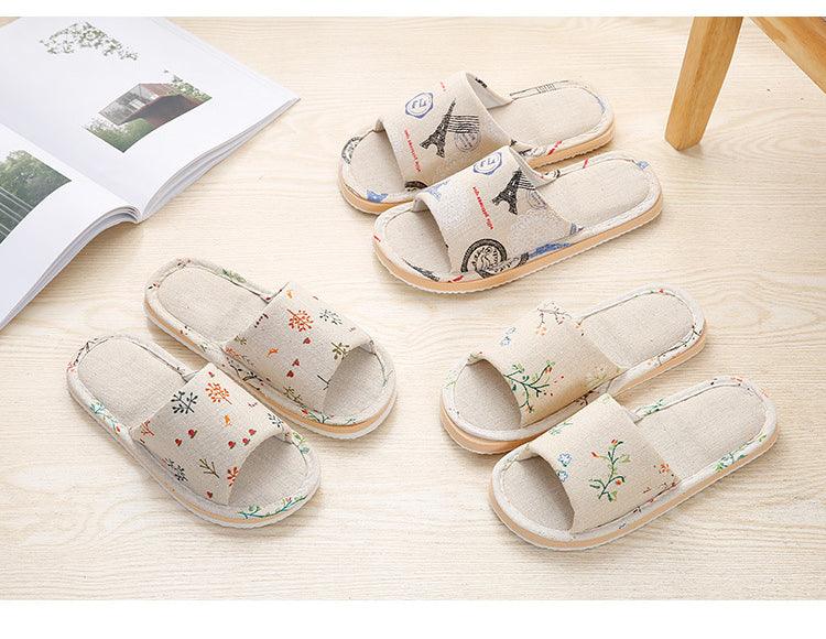 Women’s Floral Linen Indoor Slippers – Breathable Memory Foam Slides