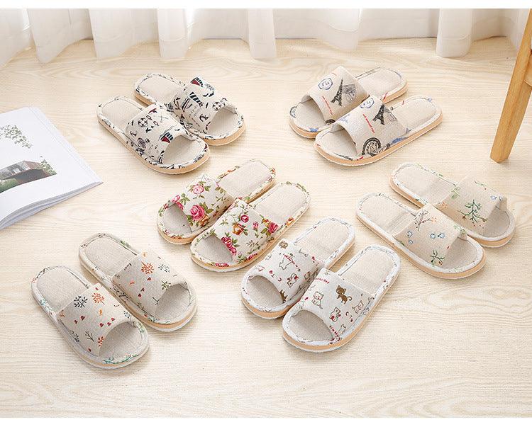 Women’s Floral Linen Indoor Slippers – Breathable Memory Foam Slides
