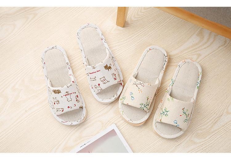 Women’s Floral Linen Indoor Slippers – Breathable Memory Foam Slides