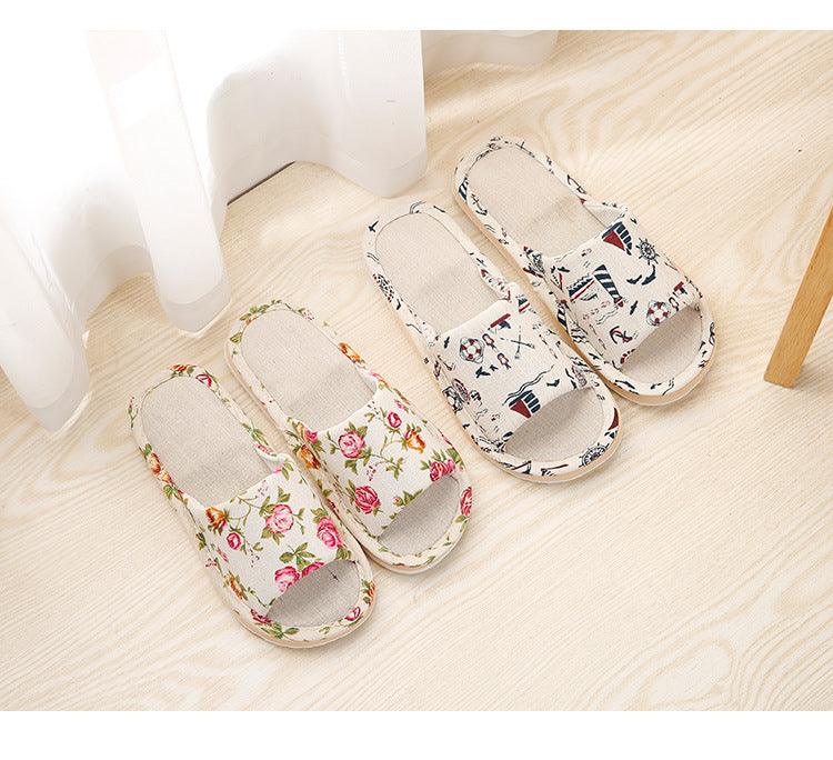 Women’s Floral Linen Indoor Slippers – Breathable Memory Foam Slides