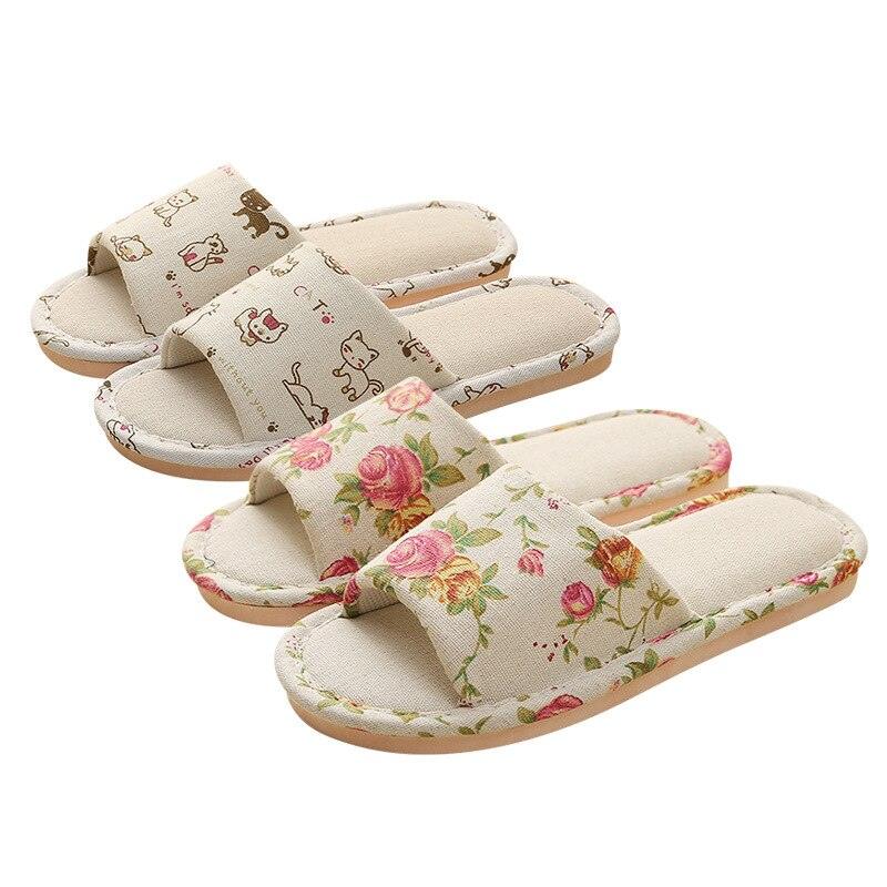 Women’s Floral Linen Indoor Slippers – Breathable Memory Foam Slides