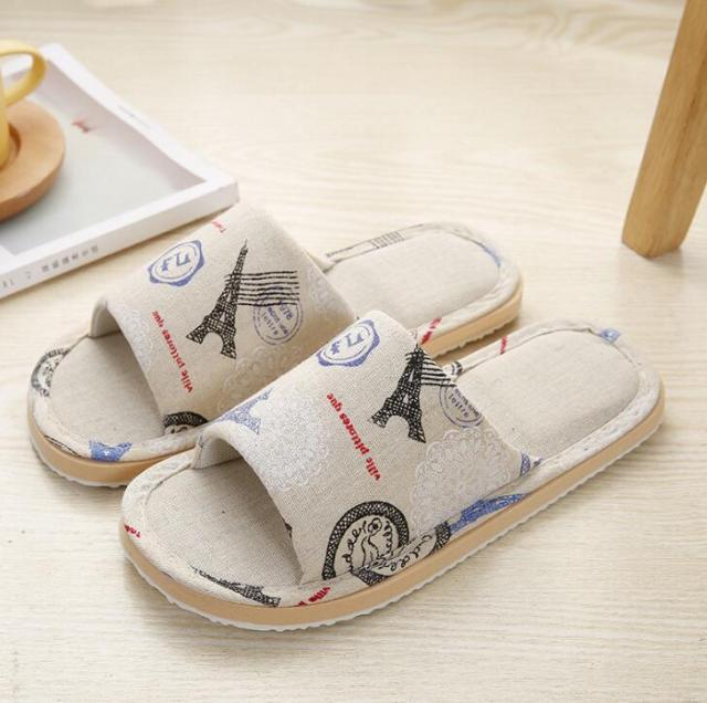 Women’s Floral Linen Indoor Slippers – Breathable Memory Foam Slides