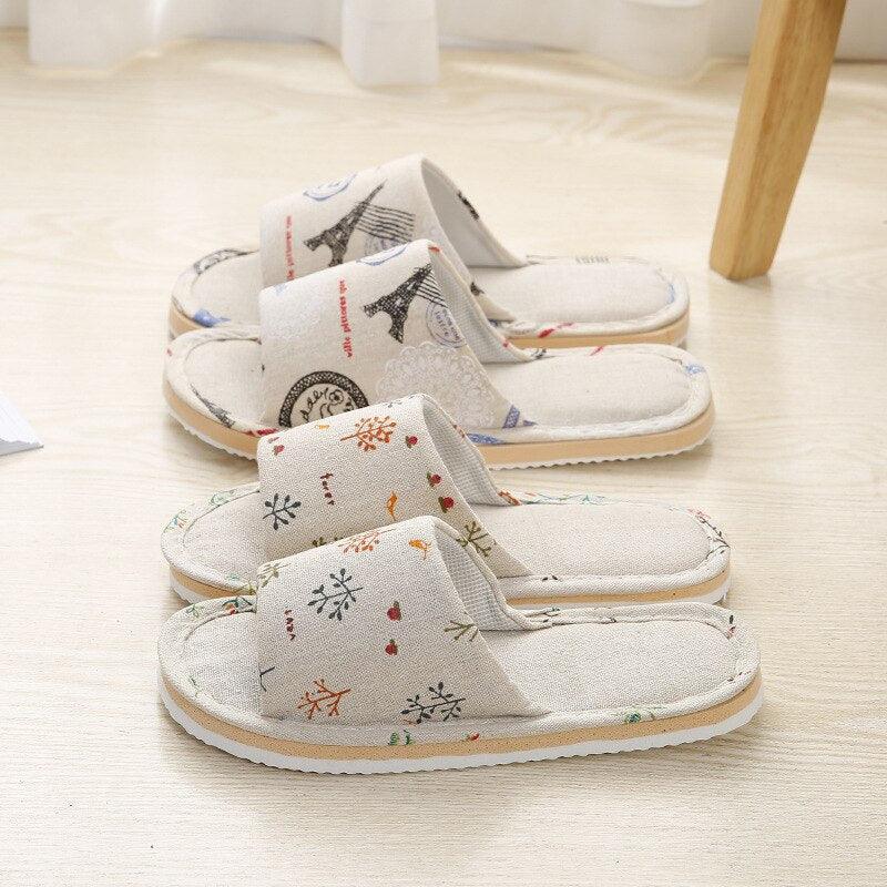 Women’s Floral Linen Indoor Slippers – Breathable Memory Foam Slides
