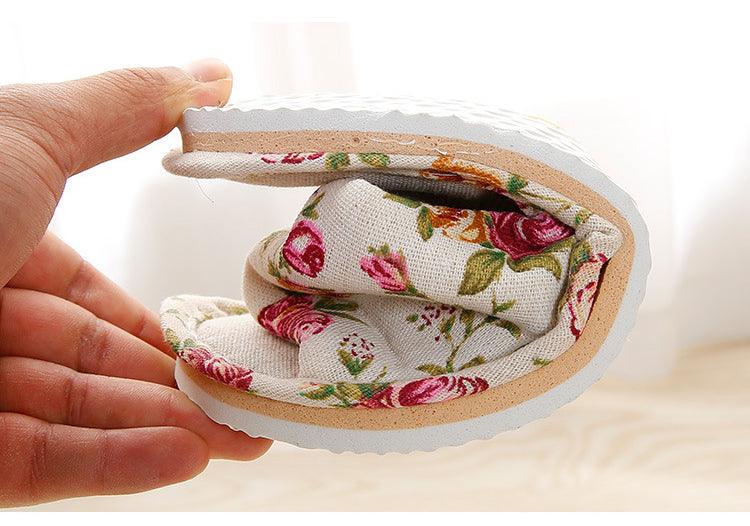 Women’s Floral Linen Indoor Slippers – Breathable Memory Foam Slides
