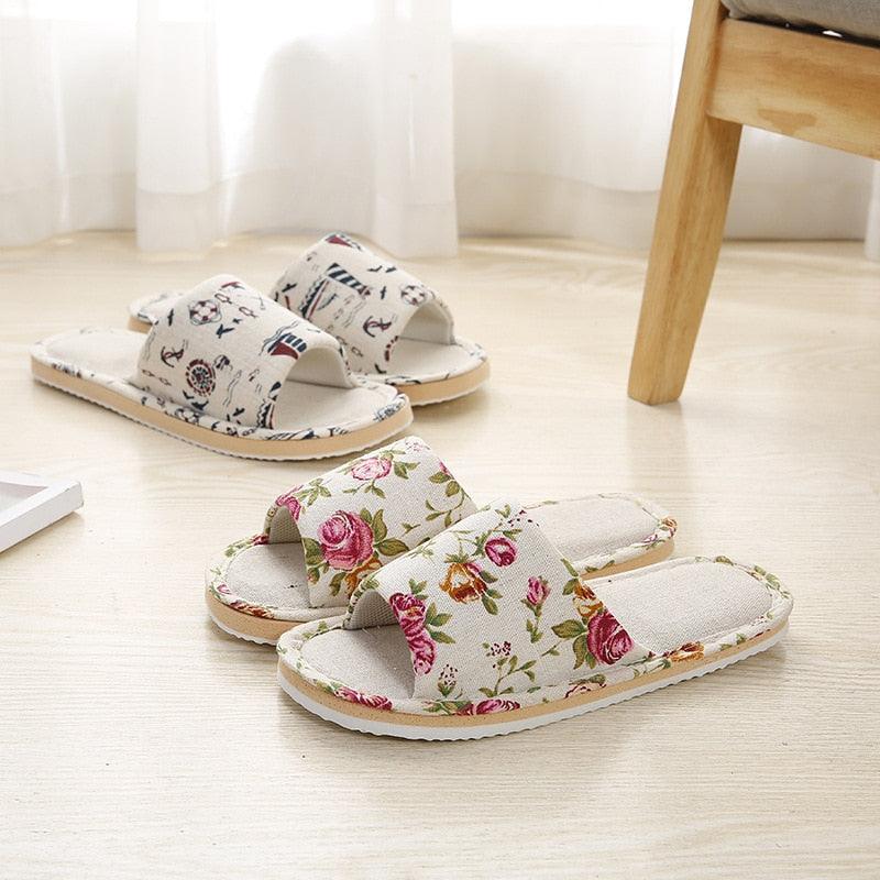 Women Floral Indoor Home Slippers Soft Cotton Open Toe House Slides