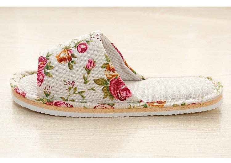 Women Floral Indoor Home Slippers Soft Cotton Open Toe House Slides