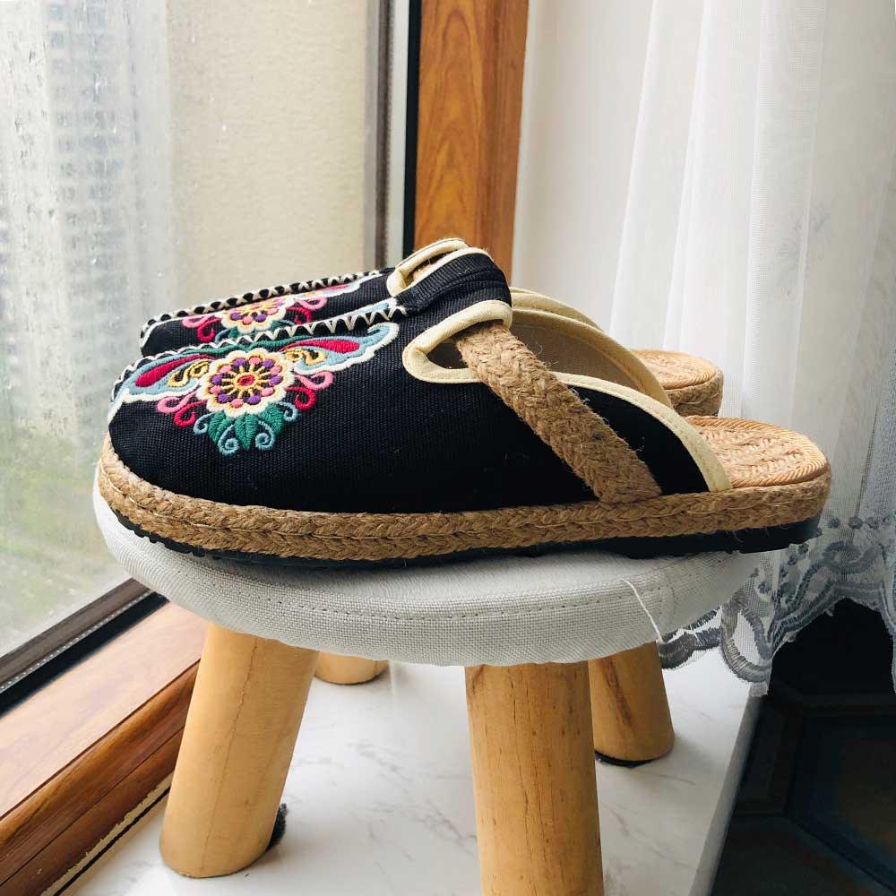 Women’s Handmade Embroidered Linen Mules Retro Flat Espadrilles