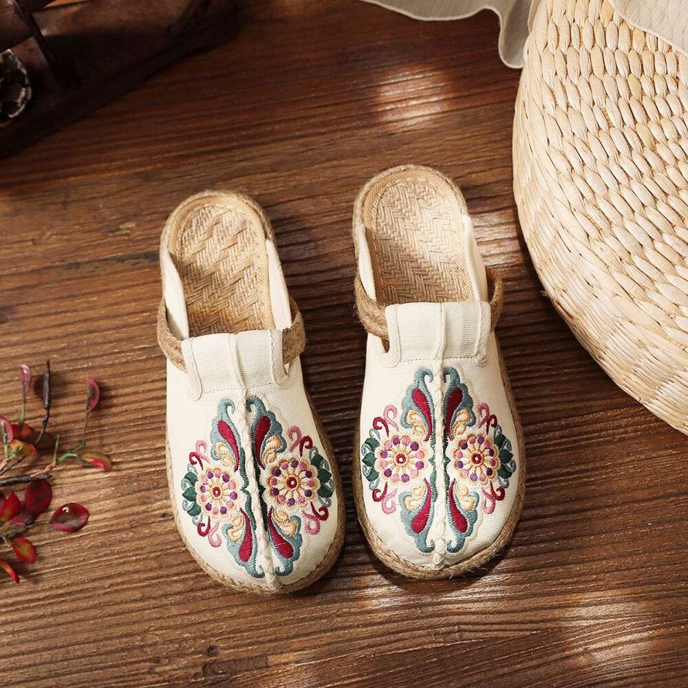 Women’s Handmade Embroidered Linen Mules Retro Flat Espadrilles