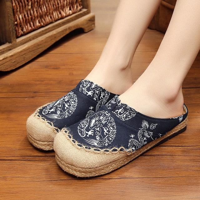 Women’s Handmade Embroidered Linen Mules Retro Flat Espadrilles