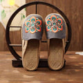 Women’s Handmade Embroidered Linen Mules Retro Flat Espadrilles