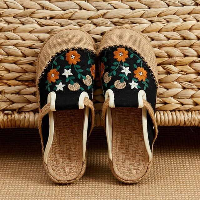 Women’s Handmade Embroidered Linen Mules Retro Flat Espadrilles